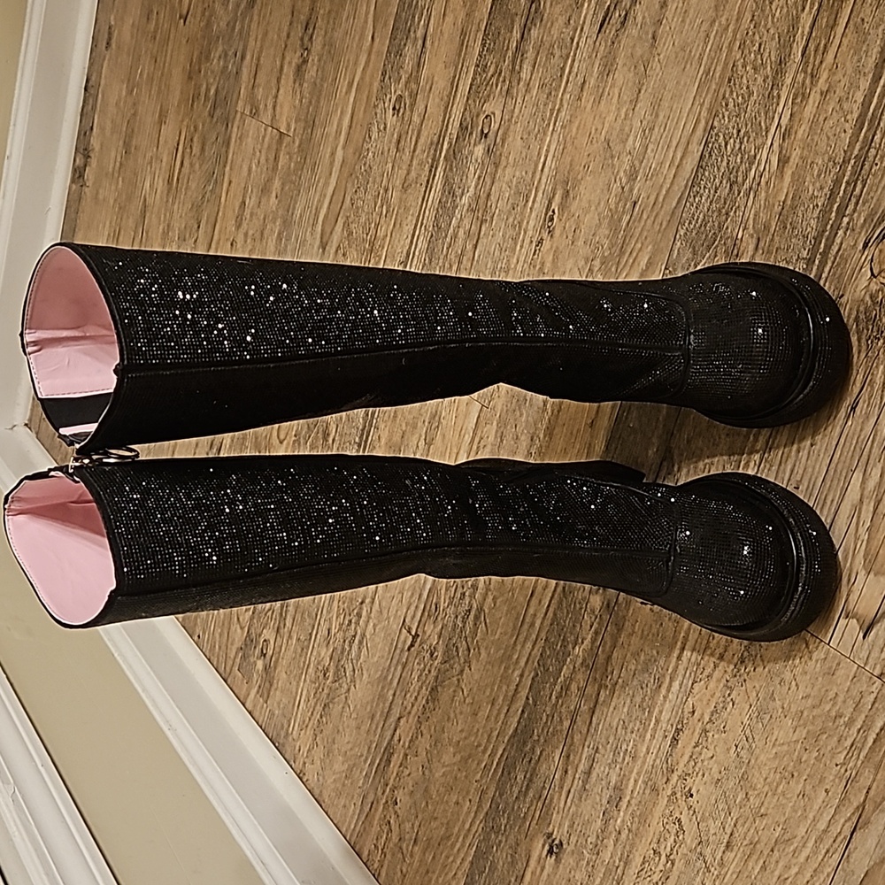 Sugar Thrillz Black Sequin Over the Knee Boots New Never Worn